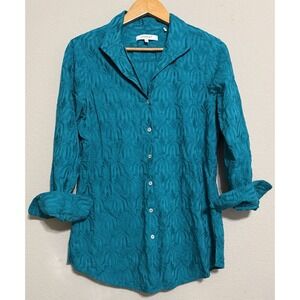 FOXCROFT Women's Shaped Slim Fit Button Up Embroidered Shirt Top 14 Turquoise